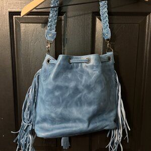 Genuine Leather Dark Teal Shoulder Bag with Tassels